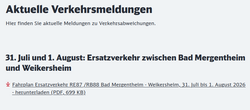Wieder Schienenersatzverkehr zwischen Bad Mergentheim und Weikersheim