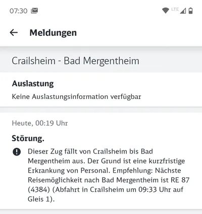 Zugausfall am 27.03.2025 zwischen Crailsheim und Bad Mergentheim